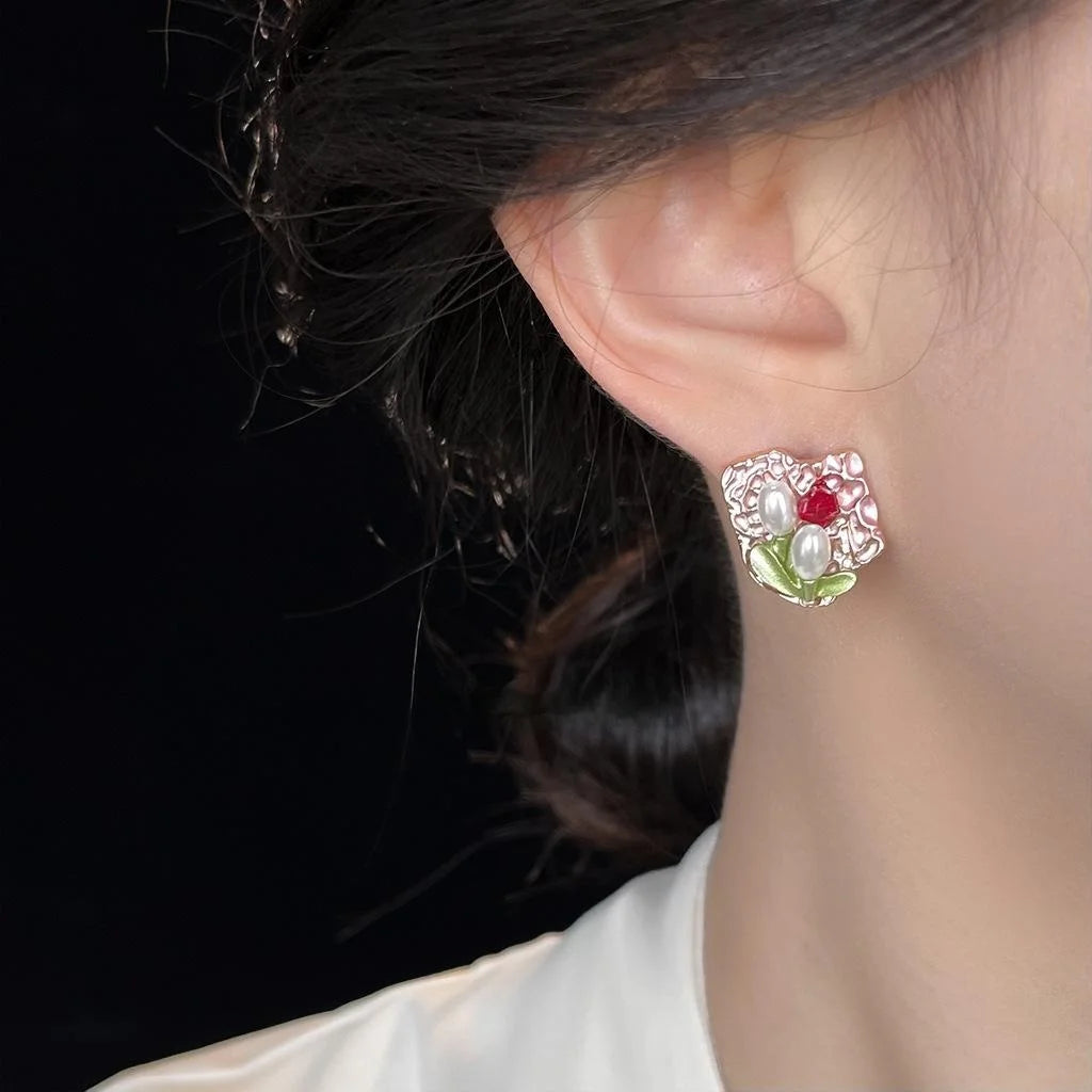 Monet Garden French Vintage Tulip Flower Stud Earrings With Pearl And Glass Crystal
