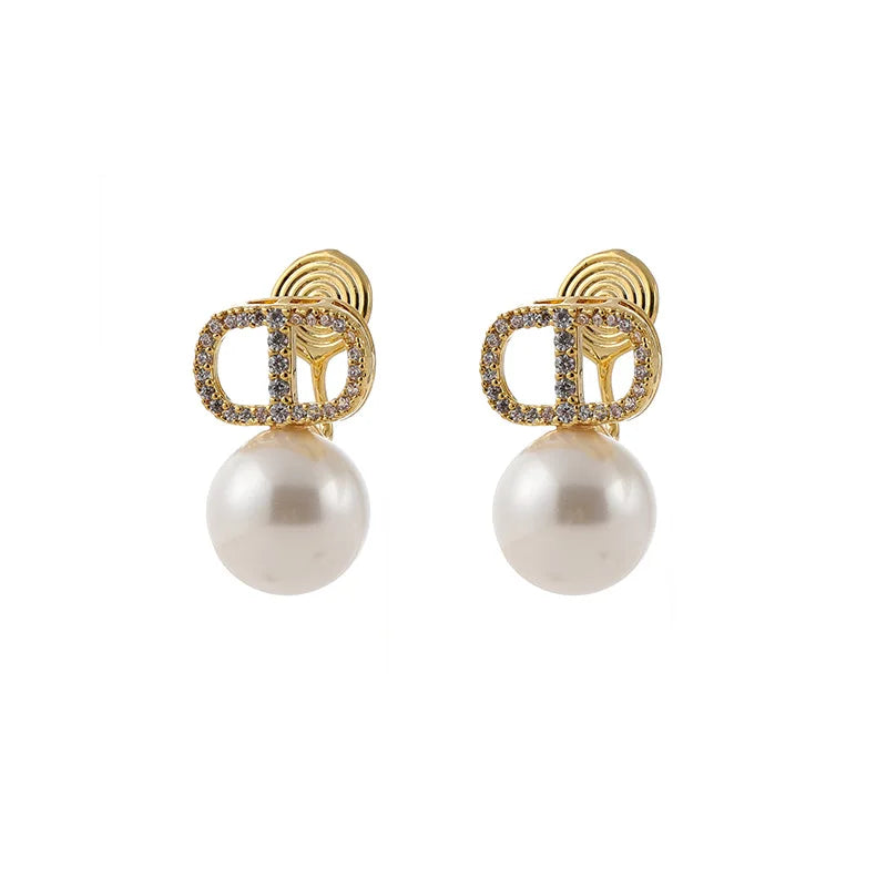Elegant Luxury Micro Pave Zircon CD Letter Faux Pearl Alloy Stud & Clip On No Piercing Earrings