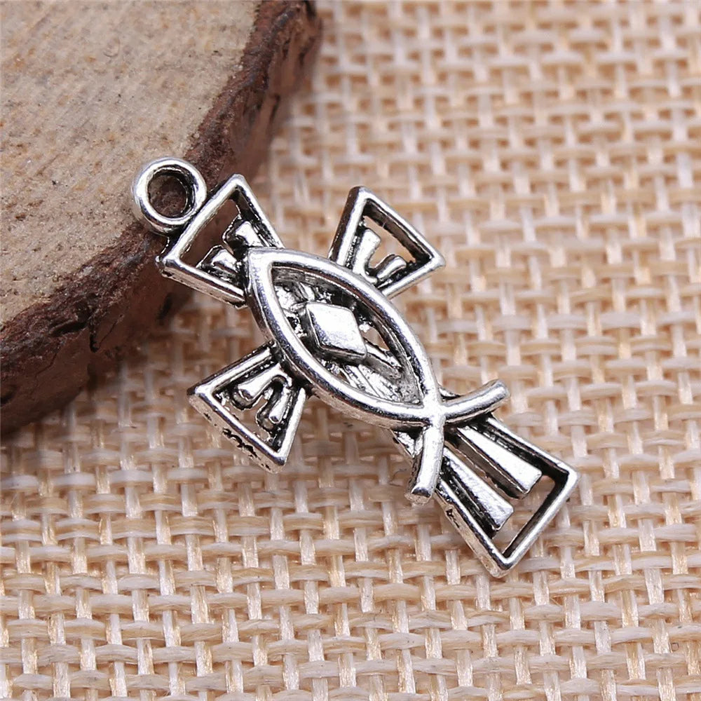 14x26mm 1.3g Antique Silver Zinc Alloy Fish Cross Charm Pendant for Necklace Bracelet Jewelry Making