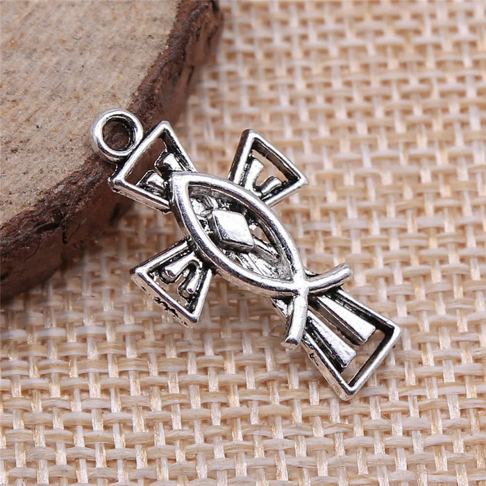 14x26mm 1.3g Antique Silver Zinc Alloy Fish Cross Charm Pendant for Necklace Bracelet Jewelry Making