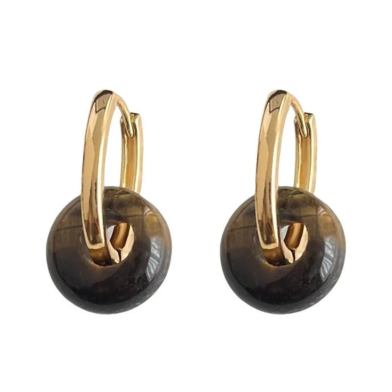 14K Gold Plated Copper Tiger Eye Stone Geometric Round Peace Buckle Drop Earrings For Women