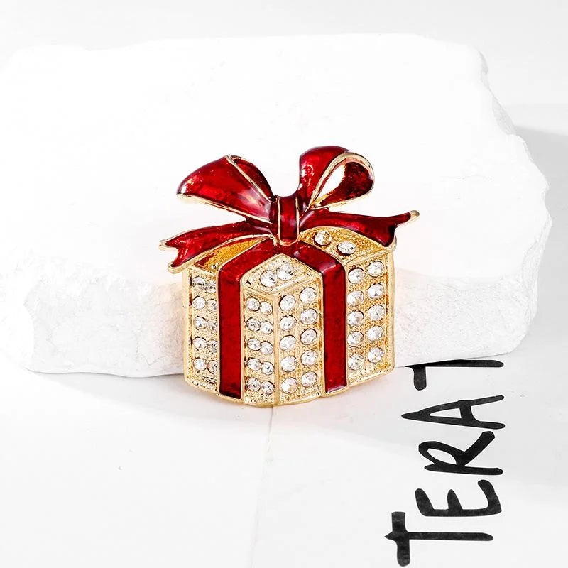 Luxury Christmas Gift Box Brooch With Red Enamel Bow And Rhinestones, Elegant Lapel Pin Corsage Gift