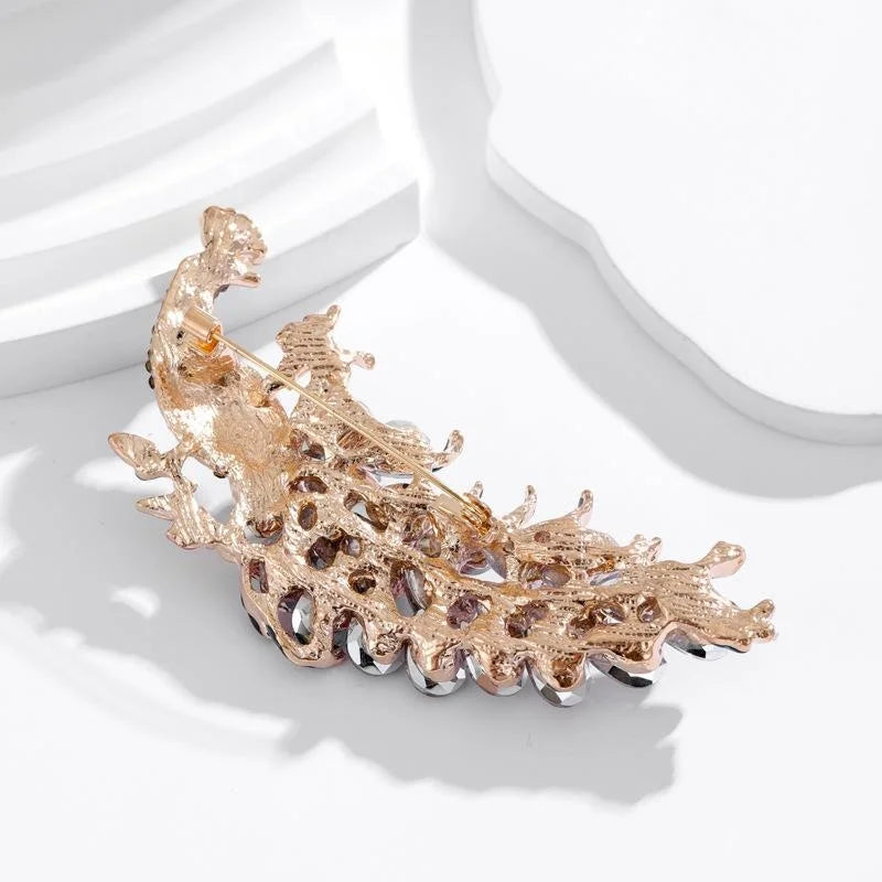Luxury Full Rhinestone Peacock Feather Brooch With Enamel Detail, Elegant Animal Lapel Pin Gift