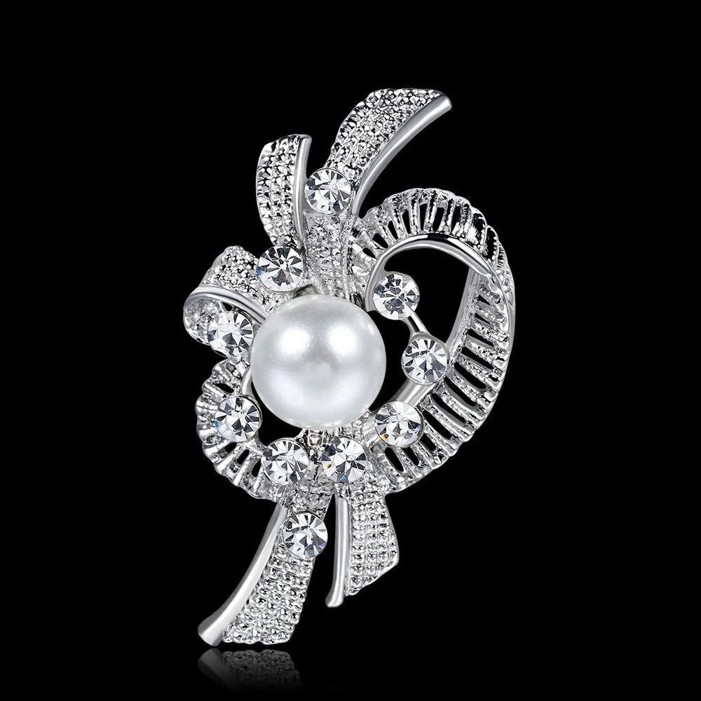 Elegant Pearl And Rhinestone Swirl Flower Brooch, Silver Alloy Wedding Corsage Lapel Pin Gift