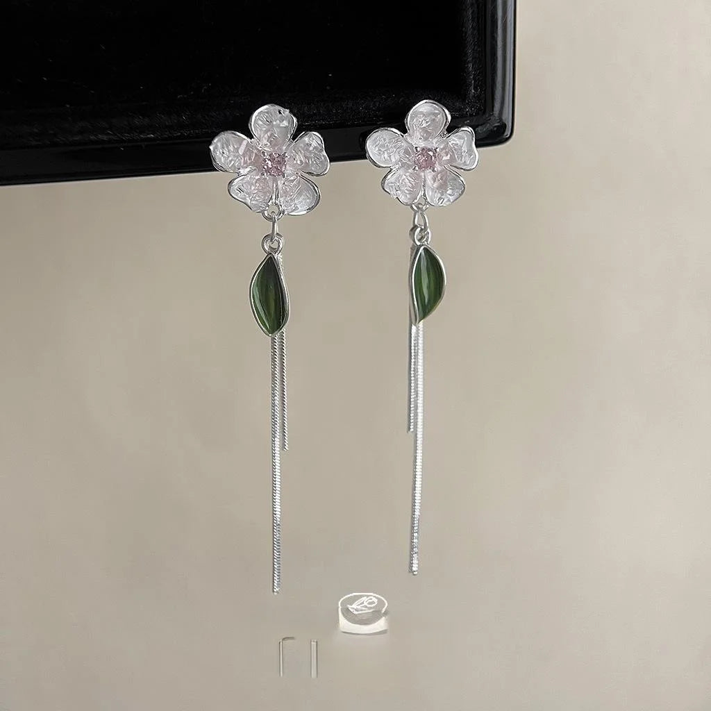 Sweet Floral Glass Crystal Micro Pave Zircon Long Tassel Drop Earrings