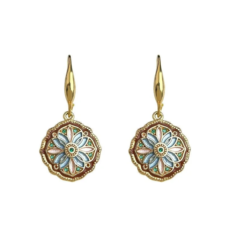 14K Gold Plated Copper Floral Geometric Drop Earrings Vintage Light Luxury Jewelry