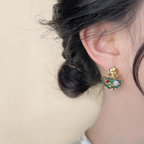 14K Gold Plated High Luster Pearl Geometric Round Drop Earrings, French Court New Chinese Style