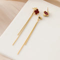 Elegant Red Enamel Lucky Clover Gold Chain Tassel Alloy Stud & Clip On No Piercing Drop Earrings