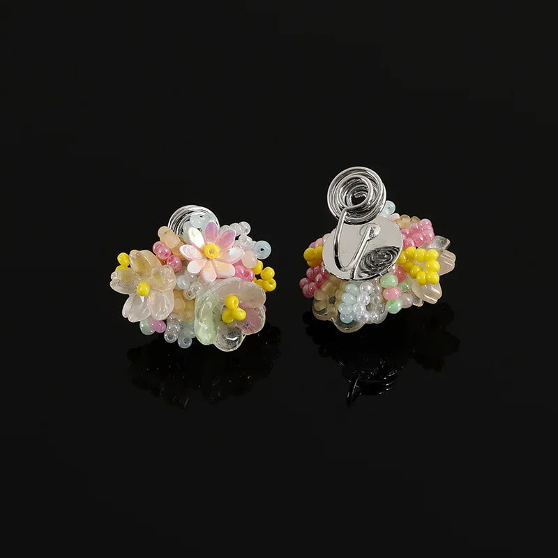 Sweet Colorful Handmade Crystal Beaded Daisy Flower Stud & Clip On No Piercing Vacation Style Earrings