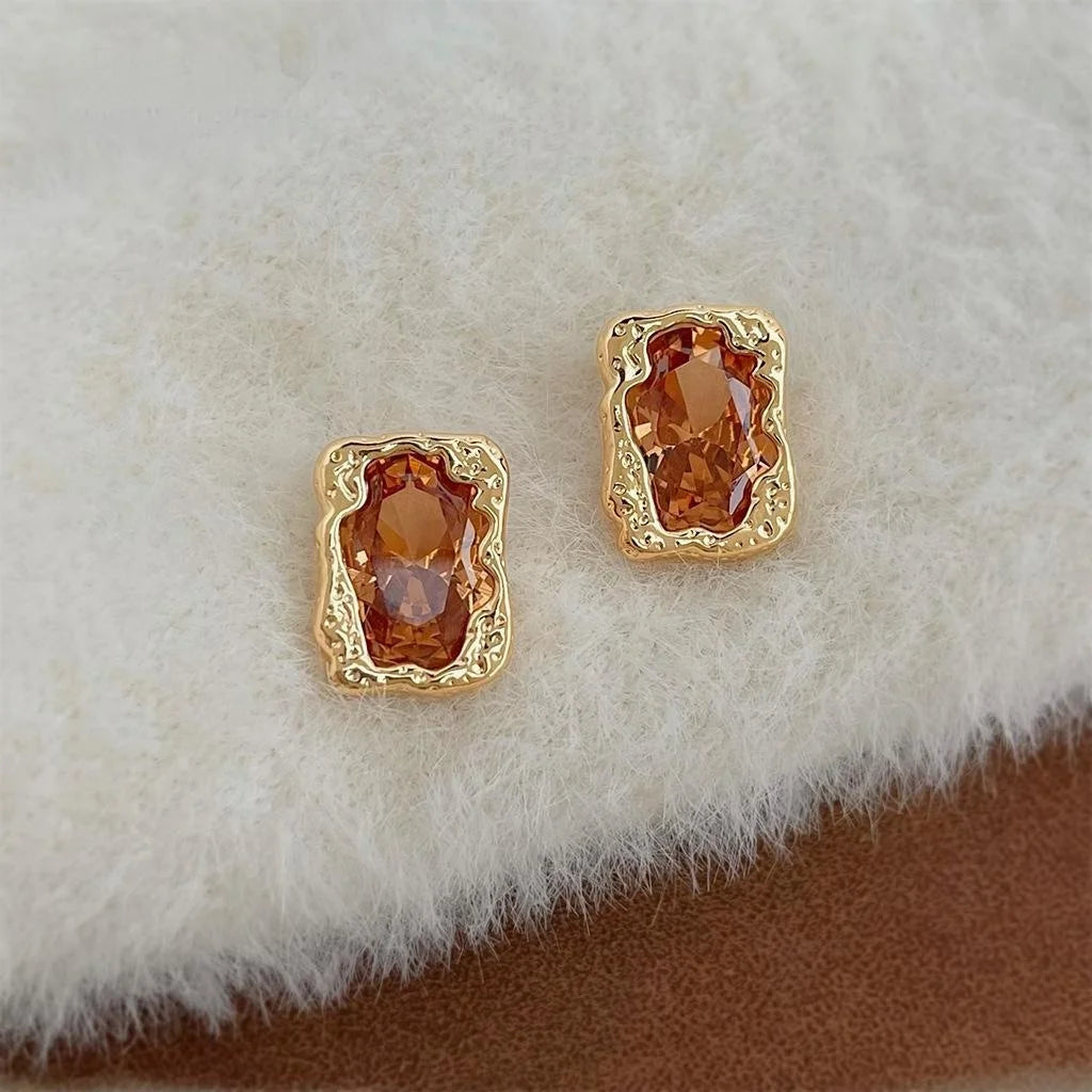 Luxury Light Coffee Champagne Liquid Geometric Rectangle Zircon Copper Stud Earrings