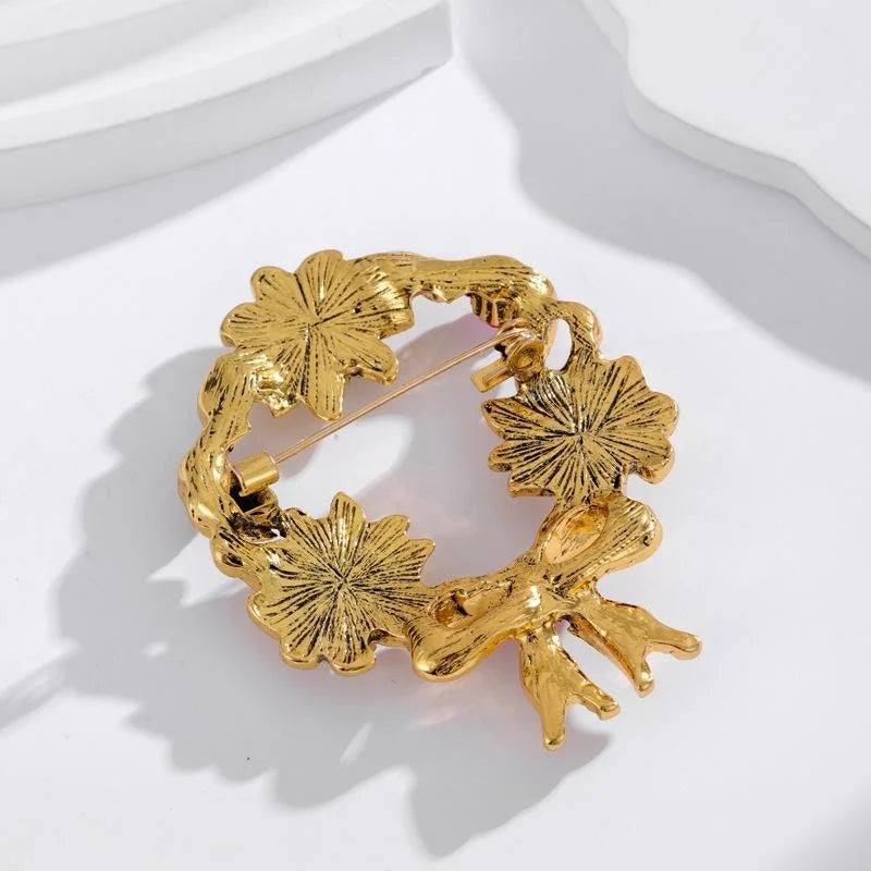 Vintage Gold Alloy Floral Wreath Brooch With Faux Pearl And Pink Rhinestone Bow, Elegant Lapel Pin Gift
