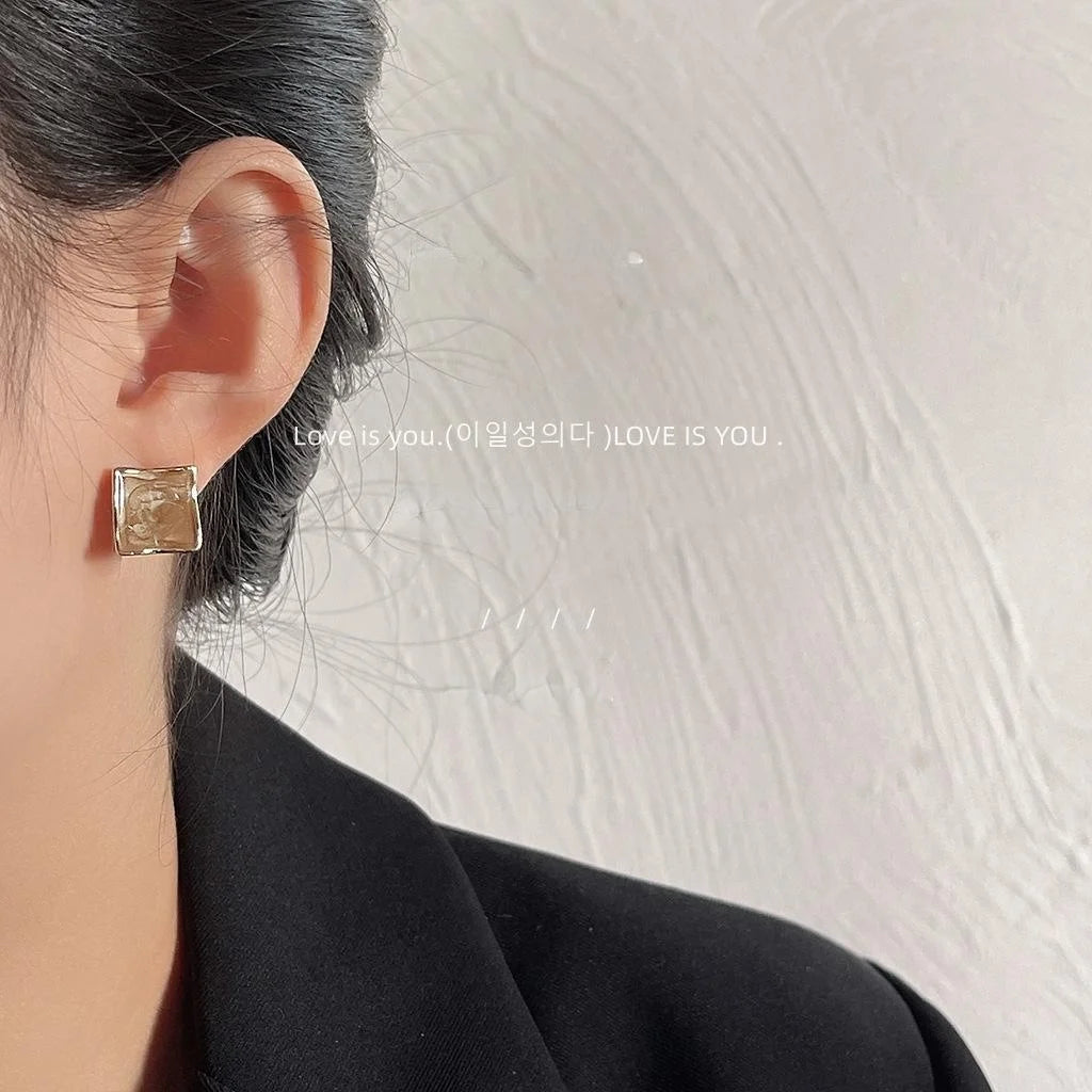 Caramel Coffee 14K Plated Copper Geometric Square Irregular Enamel Stud Earrings For Women
