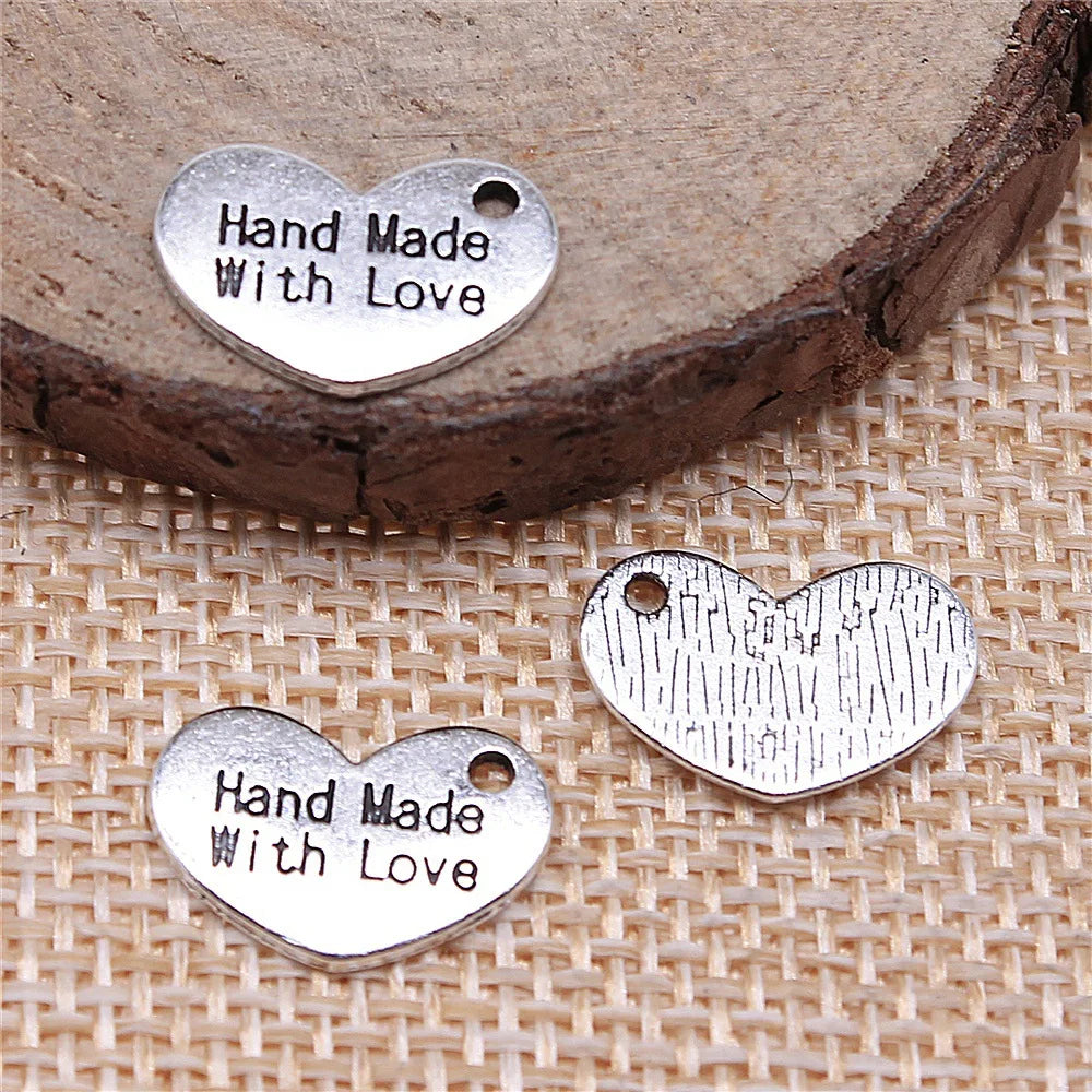 15x10mm 0.9g Zinc Alloy Handmade with Love Heart Charm Pendant for DIY Bracelet Necklace Making