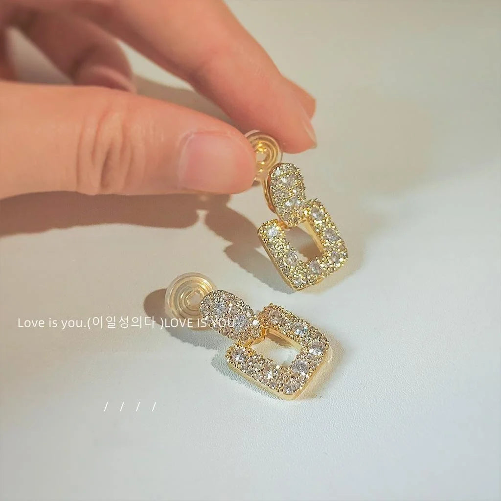 18K Gold Plated Copper Zircon Geometric Rectangle Clip On Drop Earrings