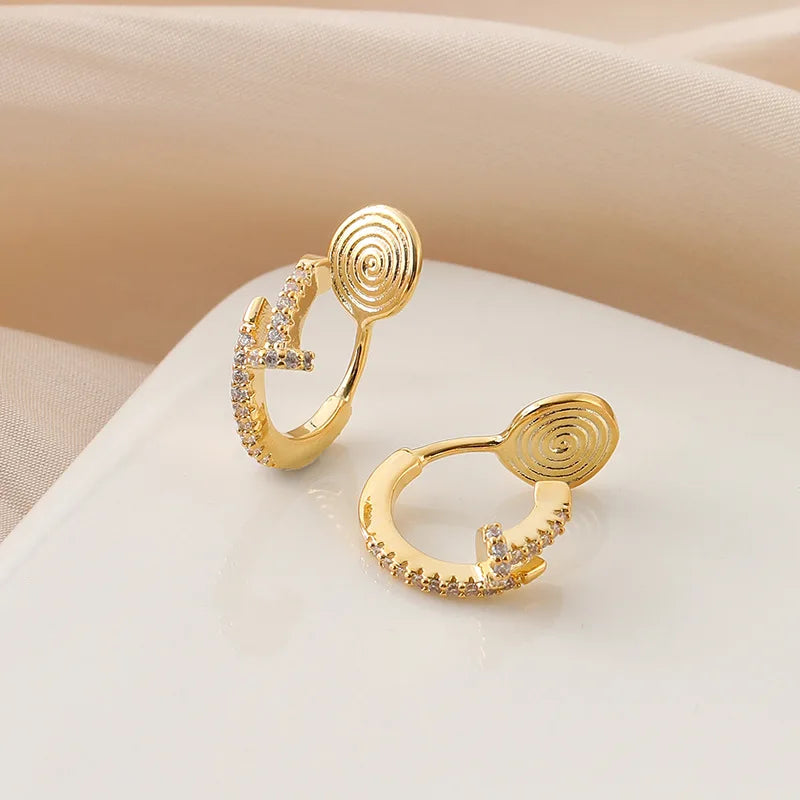 Elegant Gold Zircon Spiral Disc C Hoop Stud & Clip On No Piercing Commuter Fashion Earrings