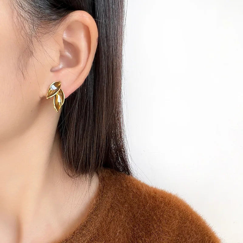 Elegant Brown Enamel Leaf Alloy Stud & Clip On No Piercing Autumn Winter Statement Earrings