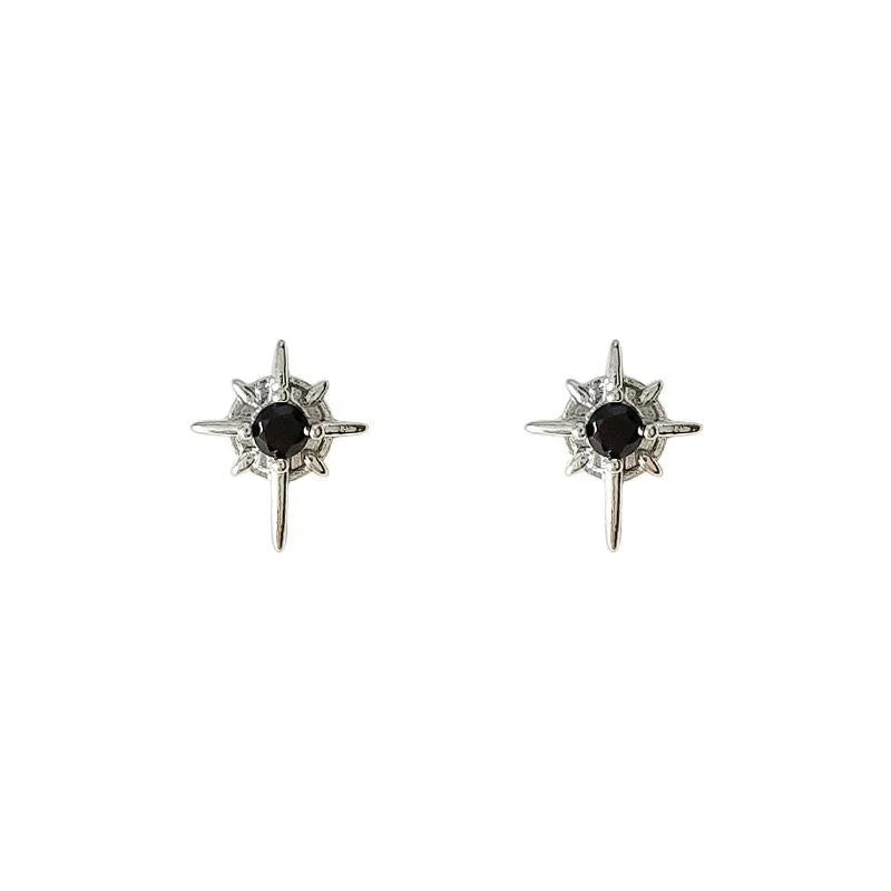 Minimalist Six Point Star Stud Earrings Micro Pave Zircon Copper Korean Style Black White Jewelry