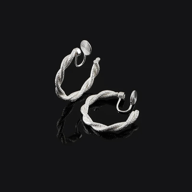 Elegant Frosted Alloy Twist Hoop Spiral Disc Stud & Clip On No Piercing Earrings