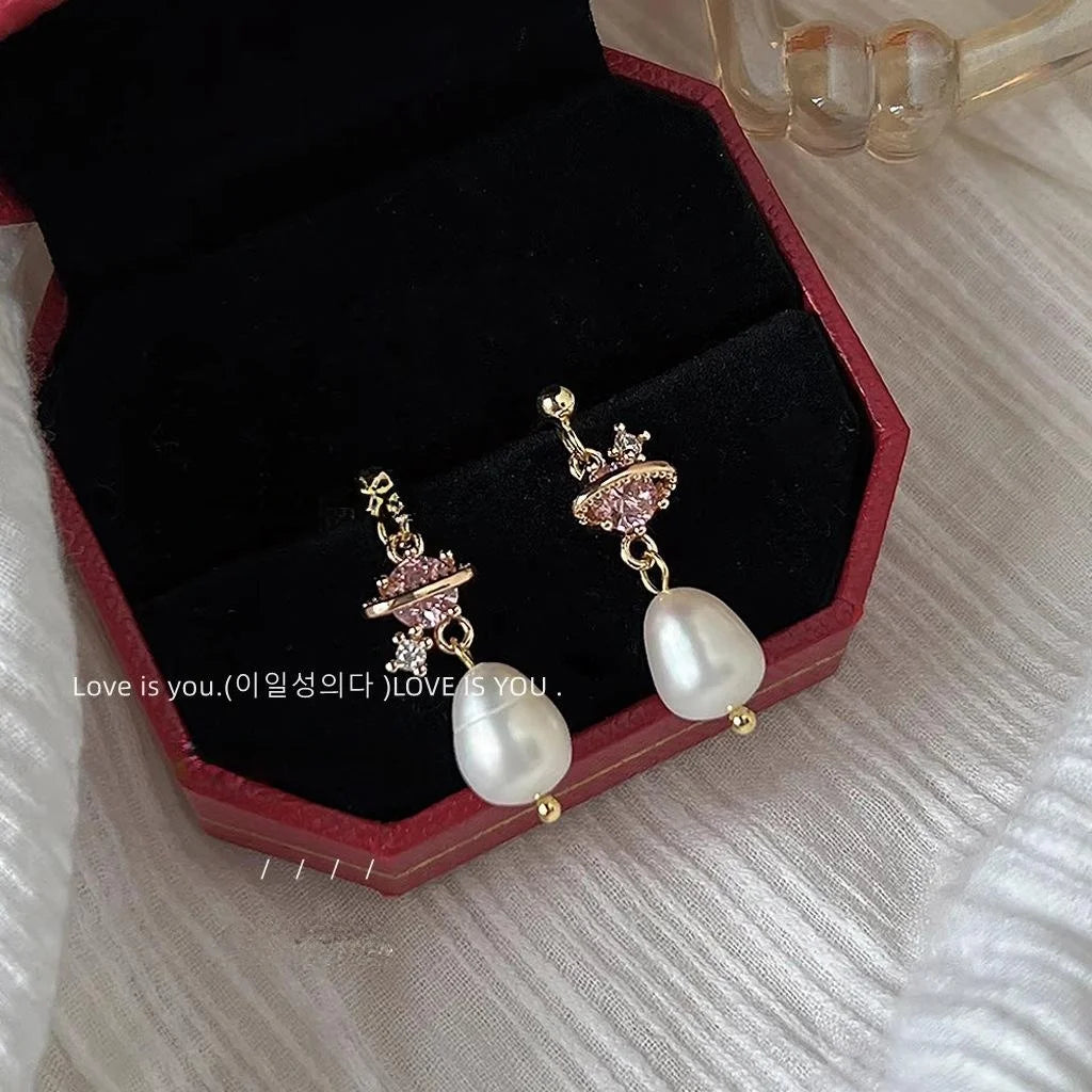 Light Luxury 14K Gold Plated Copper Freshwater Pearl Micro Pave Zircon Geometric Stud Earrings