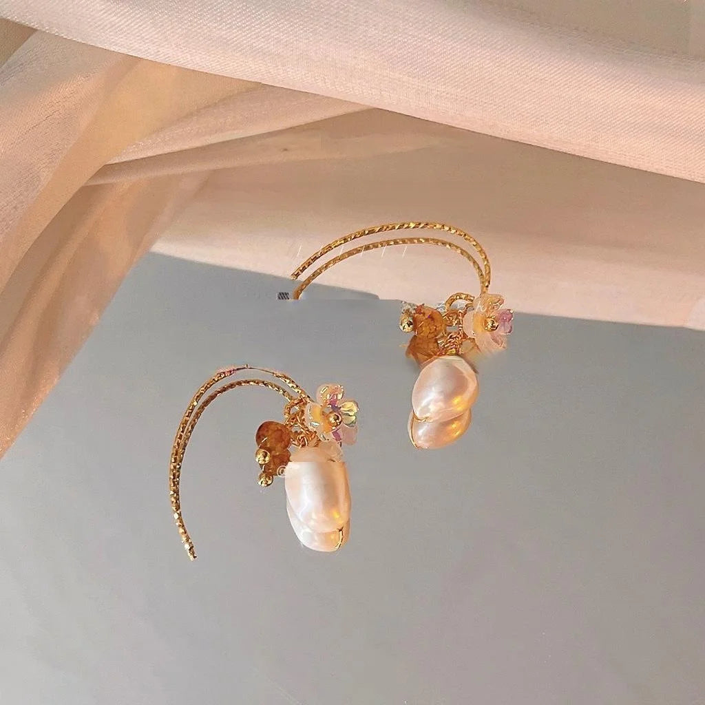 French Light Luxury Baroque Freshwater Pearl Floral Geometric Copper Drop Earrings