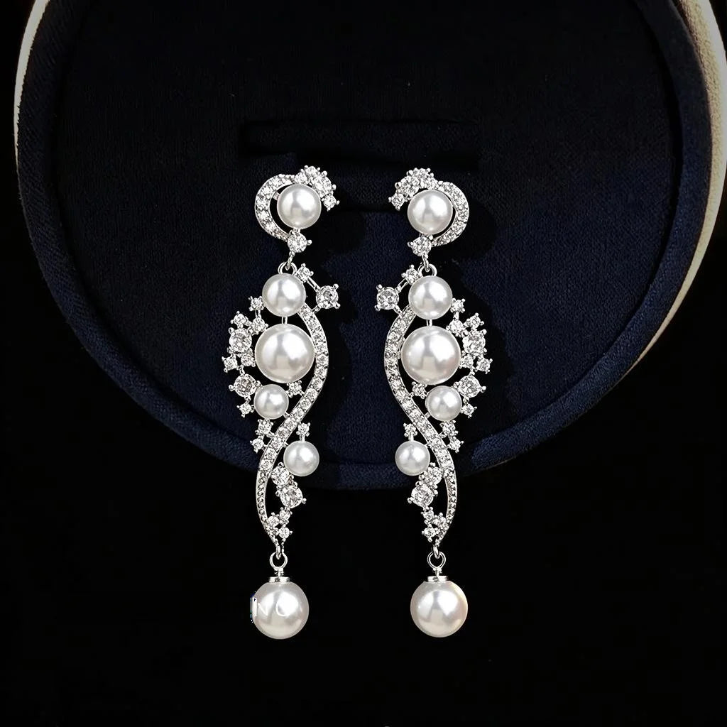 Luxury Copper Zirconia Faux Pearl Tassel Vine Geometric Drop Earrings for Evening Wear
