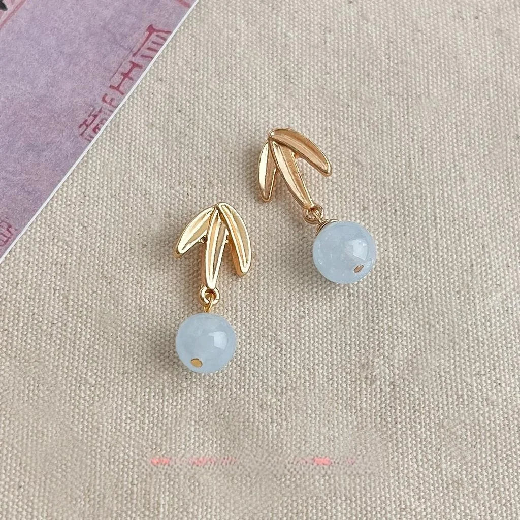 New Chinese Style Aquamarine Bamboo Leaf Drop Earrings Handmade Matte Designer Jewelry