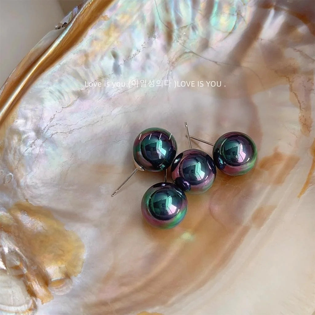 French Light Luxury Iridescent Black Glass Pearl Geometric Round Stud Earrings For Women