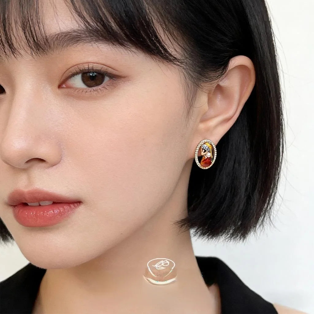 Maillard Style Pearl Girl Portrait Stud Earrings Copper Enamel Zircon