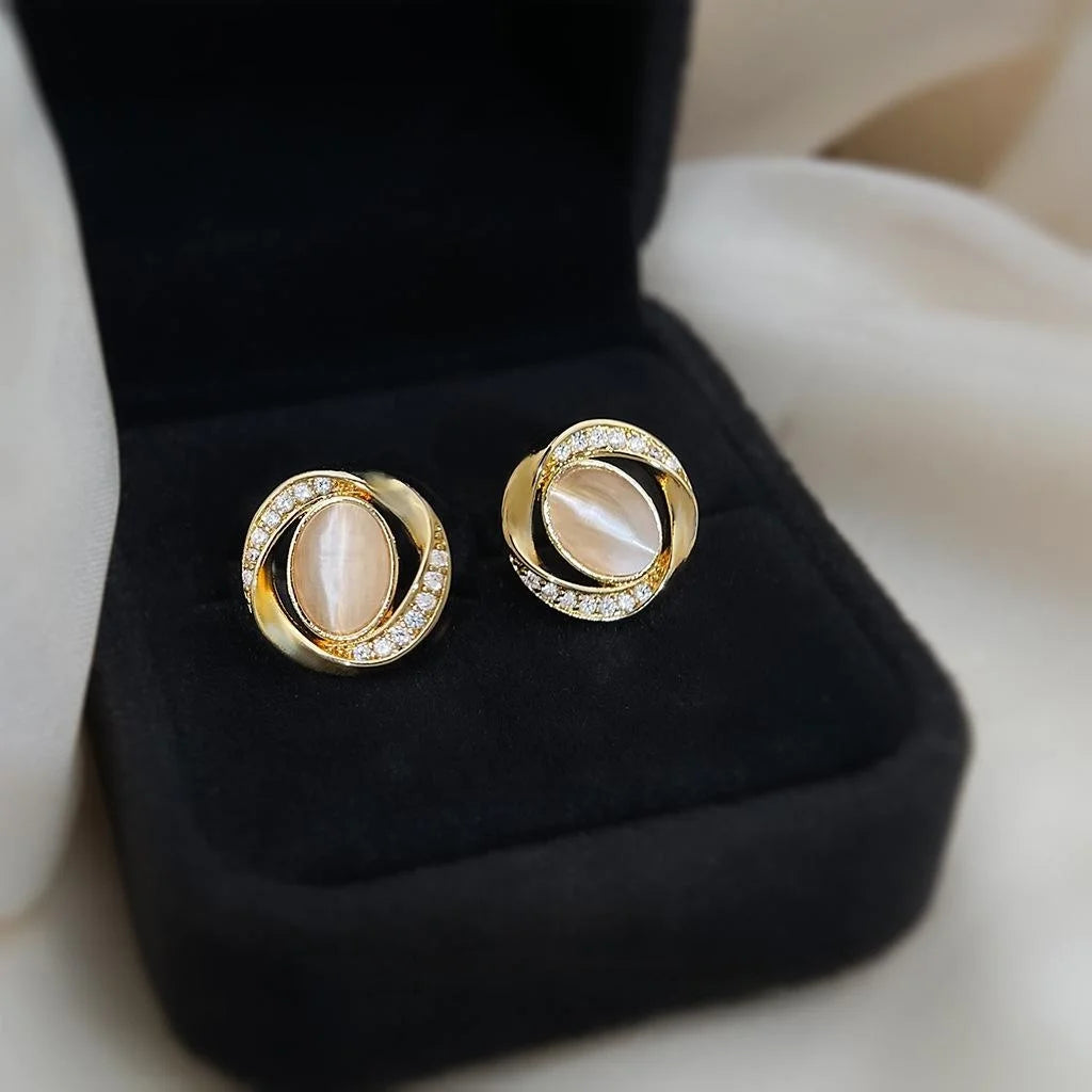 Minimalist Geometric Glass Cat Eye Zircon Micro Pave 14K Gold Plated Stud Earrings