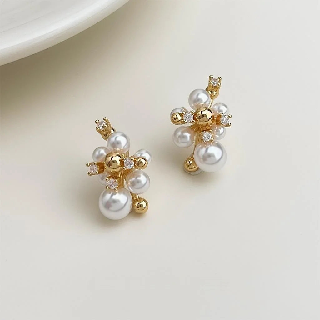 Light Luxury Copper Zircon Pearl Flower Geometric Drop Earrings With Silver Plated Pins