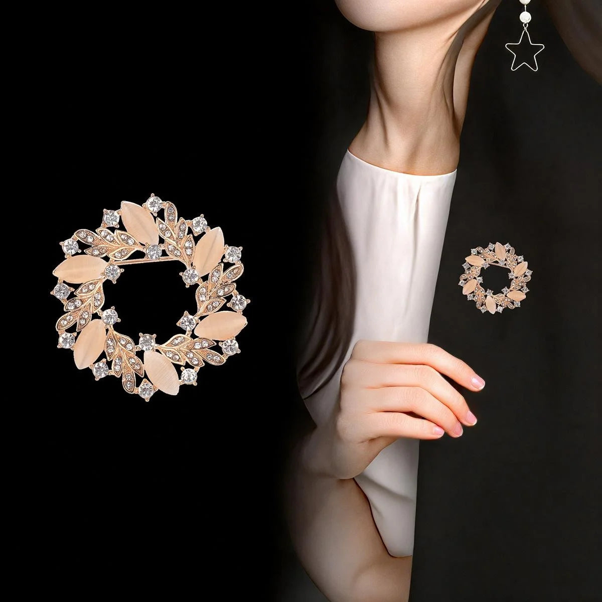 Elegant Rhinestone Leaf Wreath Brooch, Rose Gold Alloy Floral Lapel Pin Corsage Suit Accessory Gift