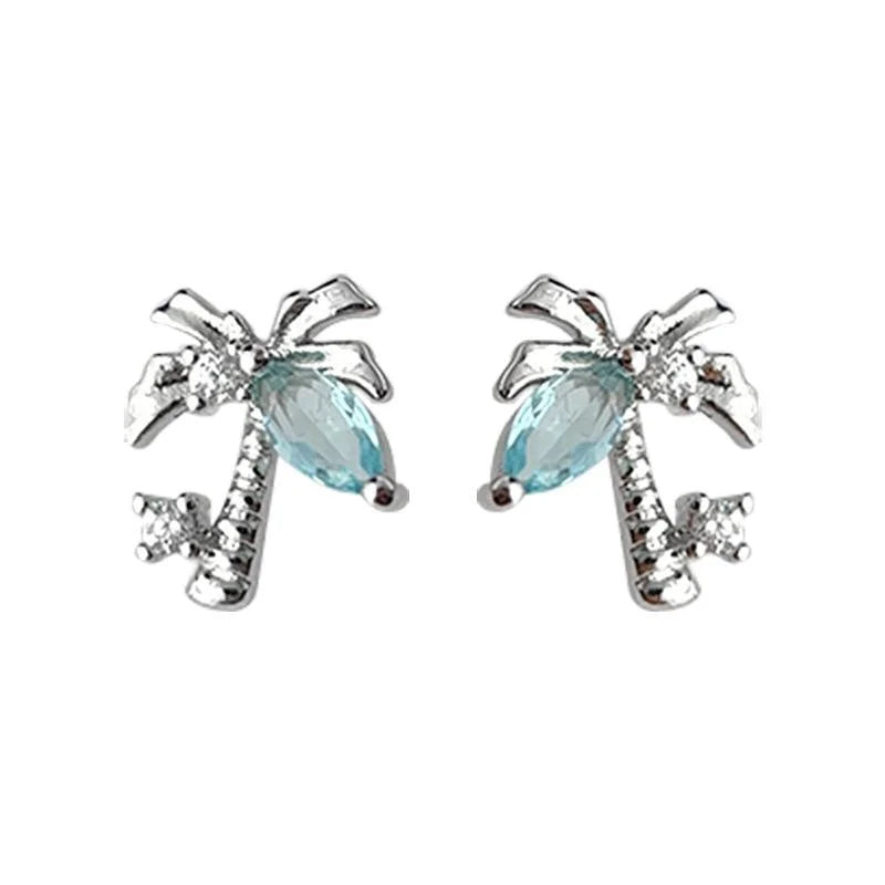 Mini Copper Coconut Tree Stud Earrings, Sweet Cool Fresh Leaf Designer Jewelry
