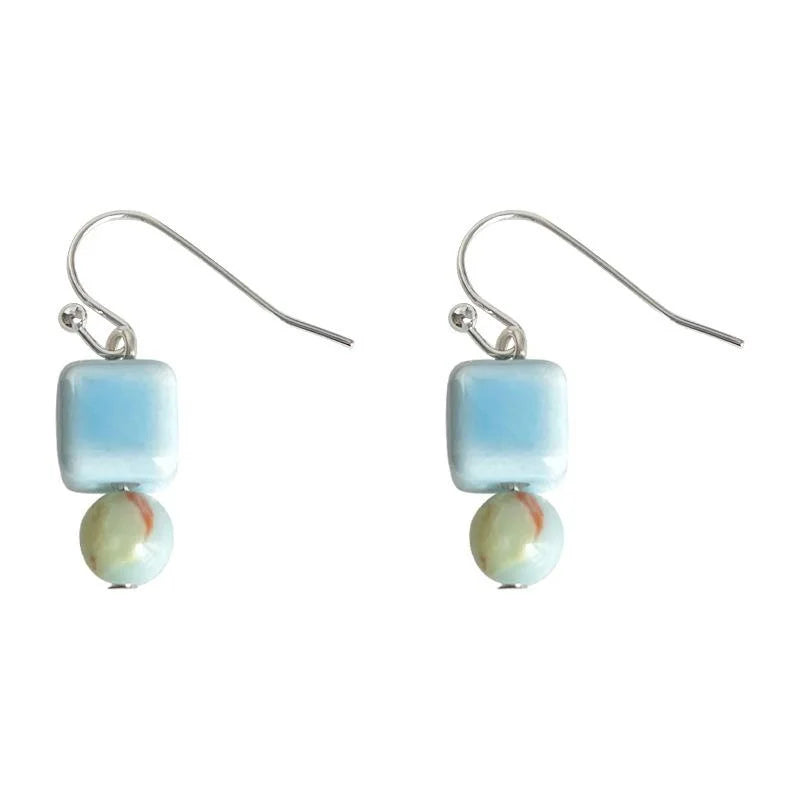 New Chinese Vintage Shoushan Stone Ceramic Geometric Drop Earrings Handmade Designer Jewelry
