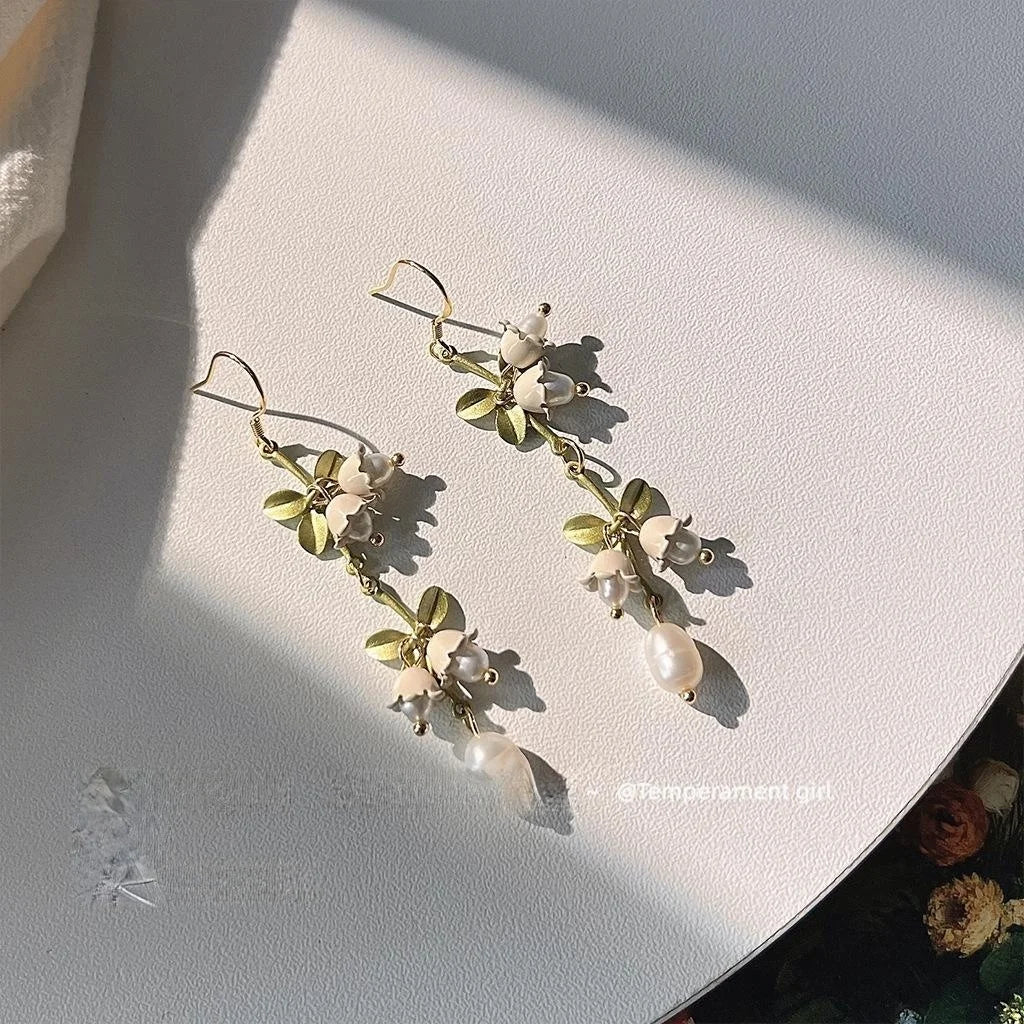 Handmade Lily Of The Valley Leaf Drop Earrings With Freshwater Pearls And Silver Plated Pins