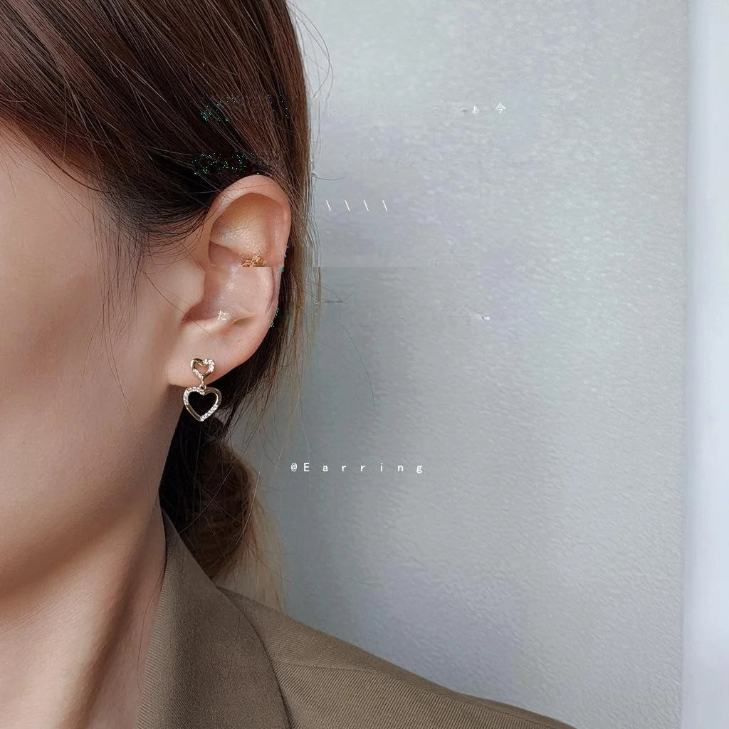 Versatile Copper Micro Pave Zircon Hollow Double Heart Stud Earrings With Silver Plated Pins