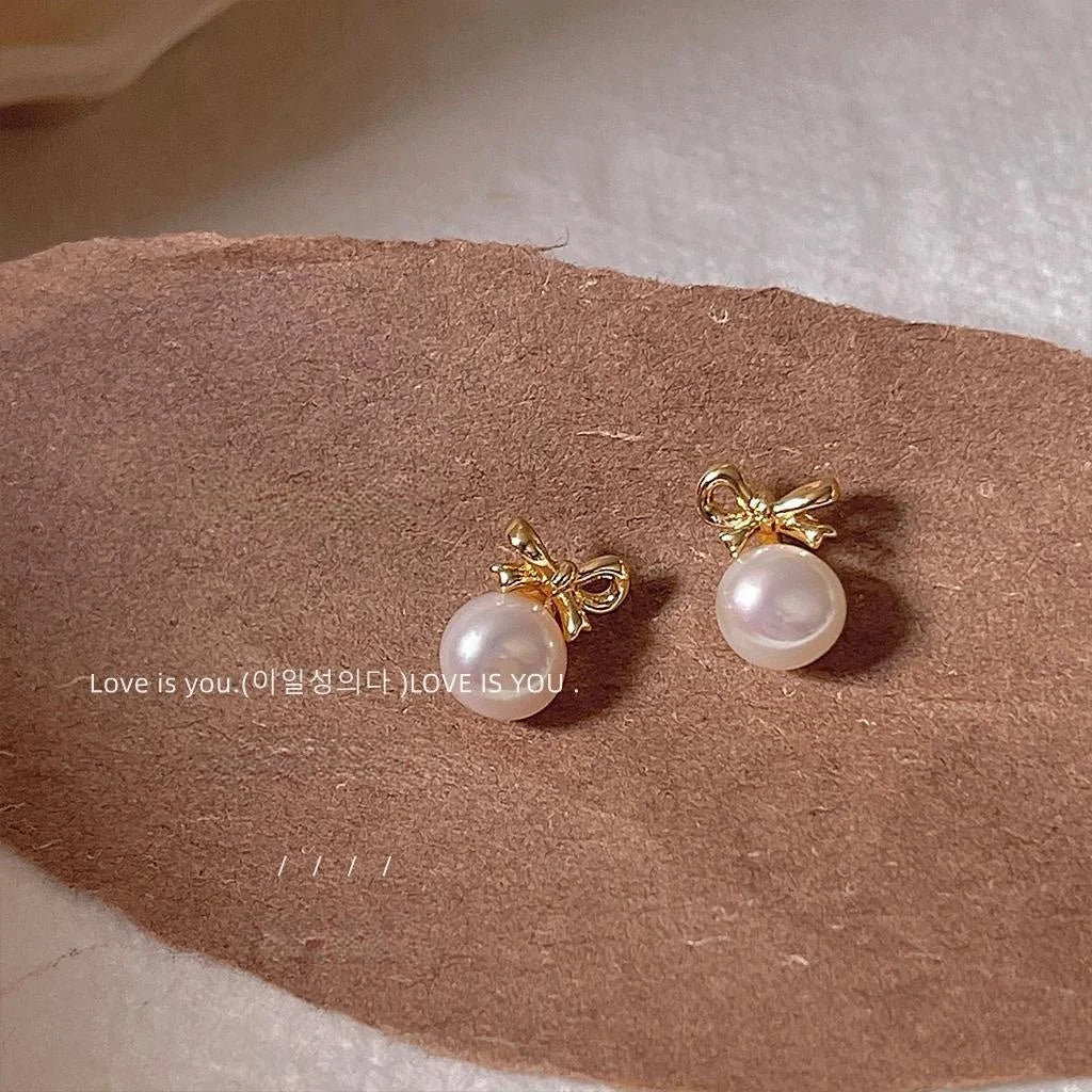 Freshwater Pearl 14K Plated Copper Bow Stud Earrings Mini Fresh Style Jewelry