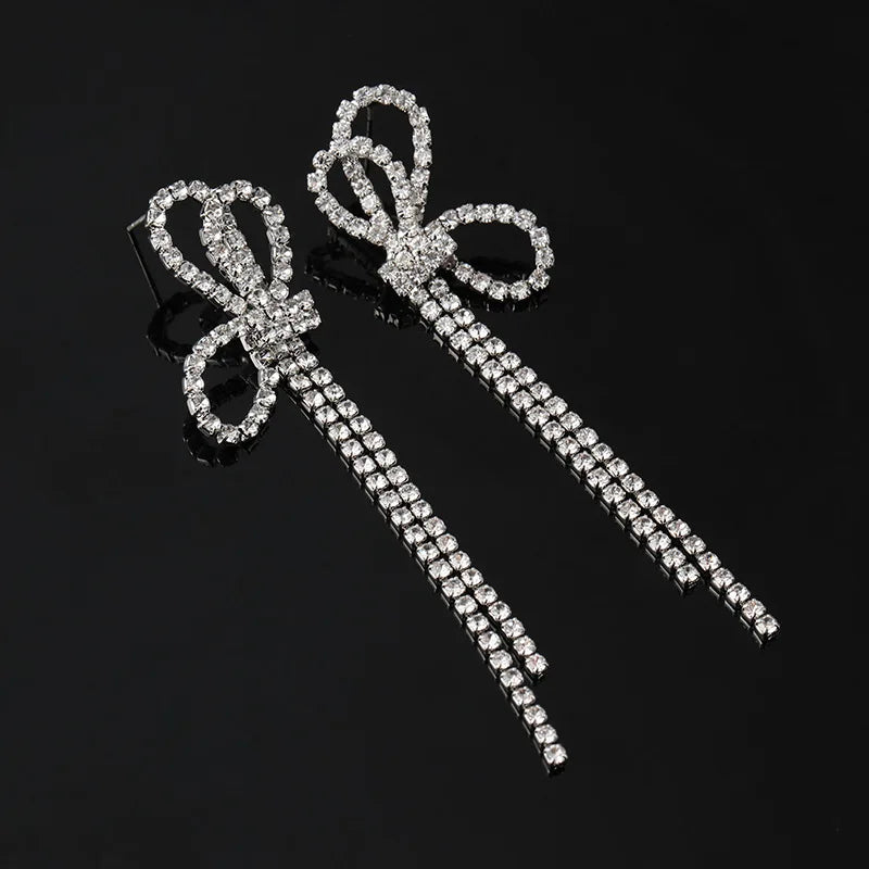 Luxury Rhinestone Bow Long Tassel Stud & Clip On No Piercing Elegant Fairy Drop Earrings