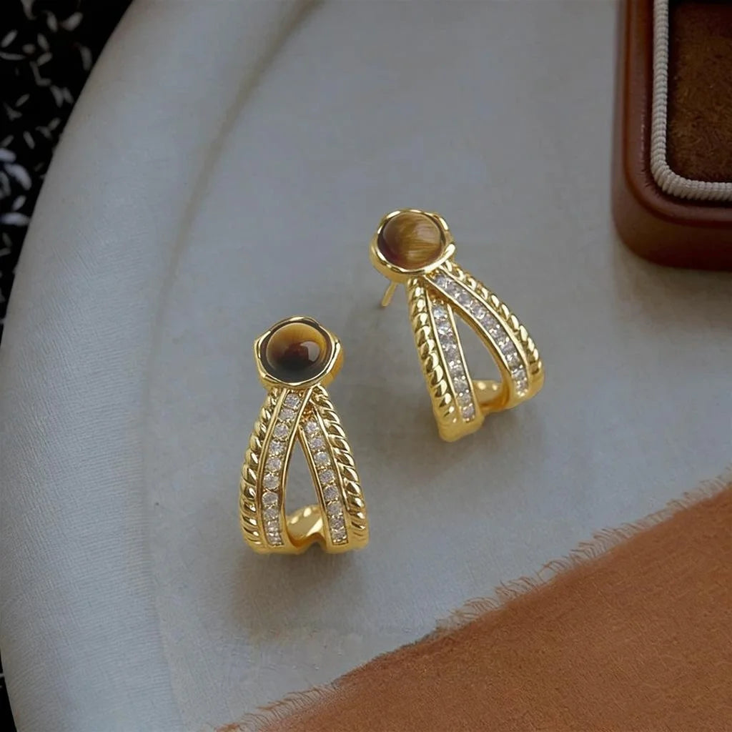 French Vintage Old Money Geometric Tiger Eye Zircon C Shape Eco Copper Drop Earrings