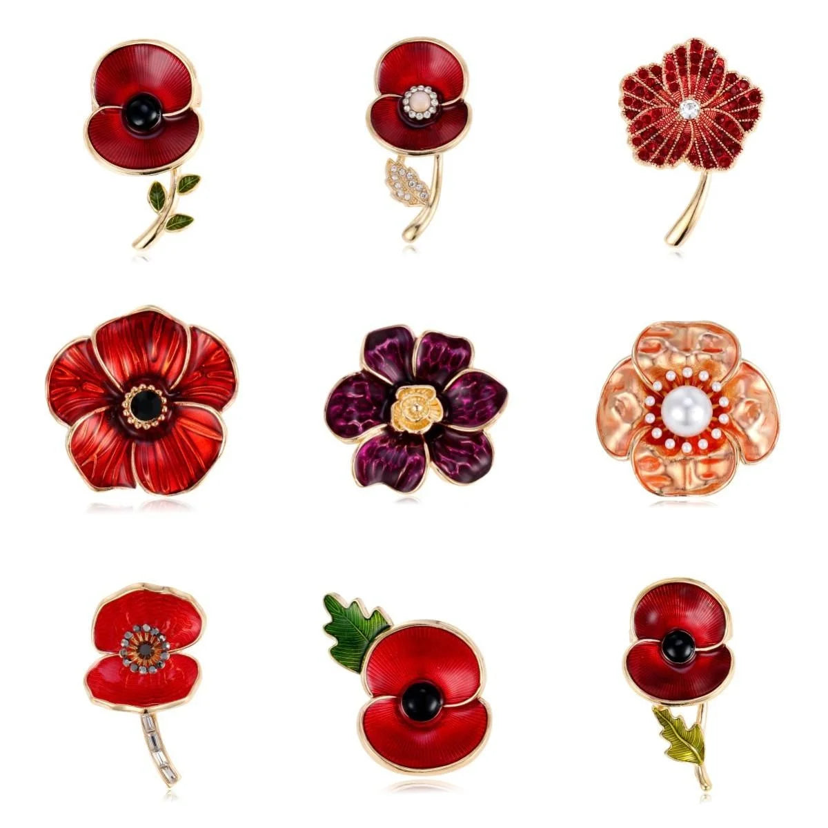 Elegant Red Poppy Flower Enamel Alloy Brooch With Rhinestones, Remembrance Lapel Pin Corsage Gift