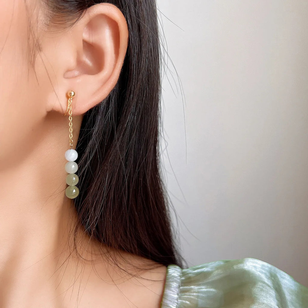 Vintage Chinese Style Gradient Jade Bead Tassel Alloy Spiral Disc Stud & Clip On No Piercing Earrings