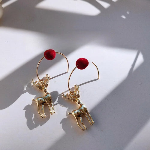 14K Gold Plated Alloy Reindeer Drop Earrings Christmas Animal Charm Jewelry For Women