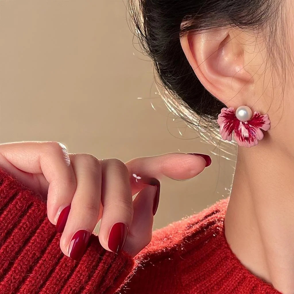 Sweet 14K Plated Copper Hand Painted Gradient Flower Drop Earrings For Women
