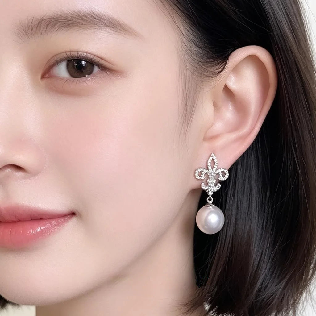 Light Luxury Iris Flower Copper Glass Pearl Micro Pave Zircon Geometric Drop Earrings