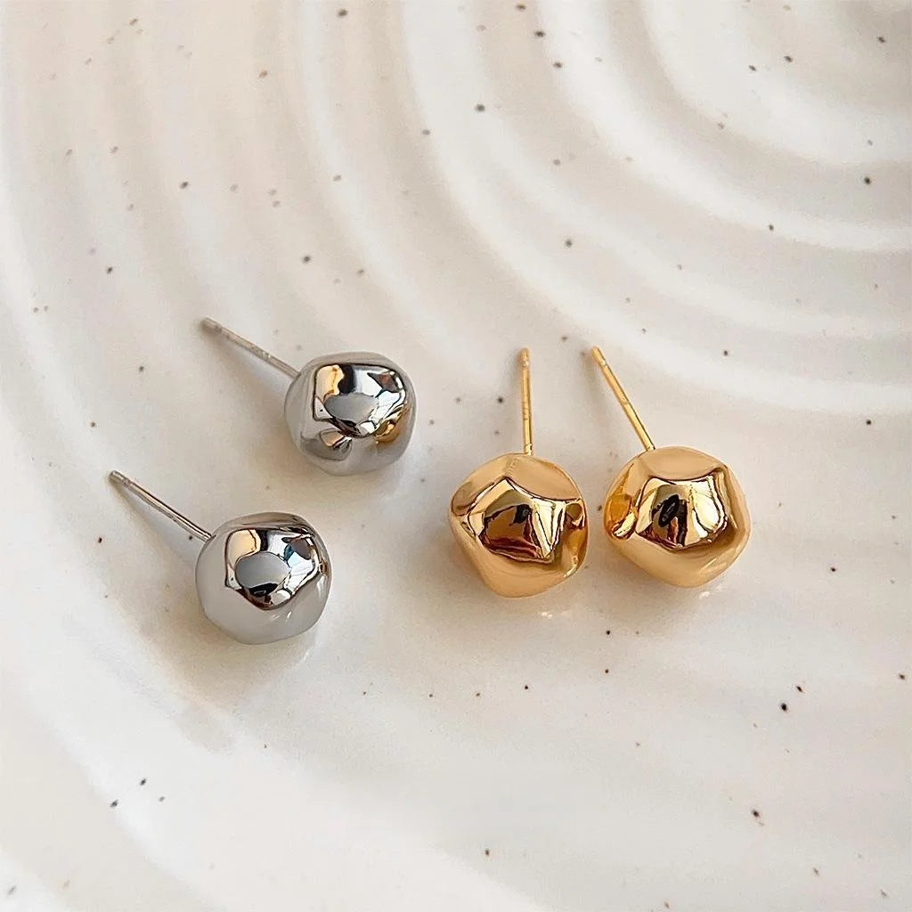 18K Real Gold Plated Copper Irregular Geometric Bean Stud Earrings Light Luxury Minimalist