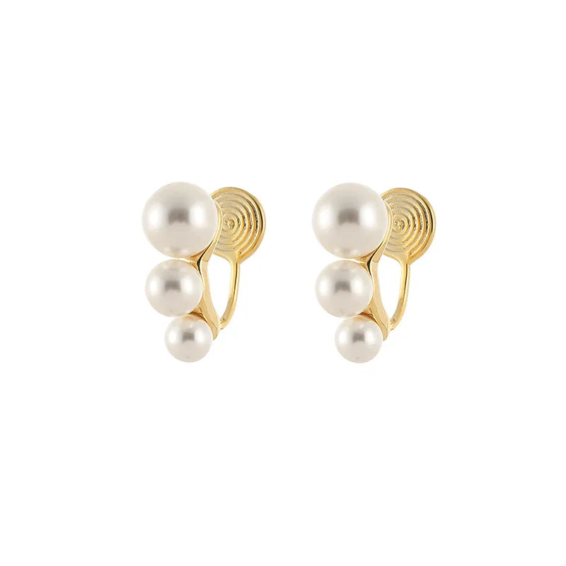 Elegant Simple Pearl Cluster Gold Tone Spiral Disc Alloy Stud & Clip On No Piercing Commuter Earrings