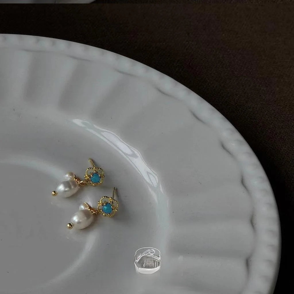 Blue Iridescent Freshwater Pearl Stud Earrings 14K Plated French Vintage Jewelry