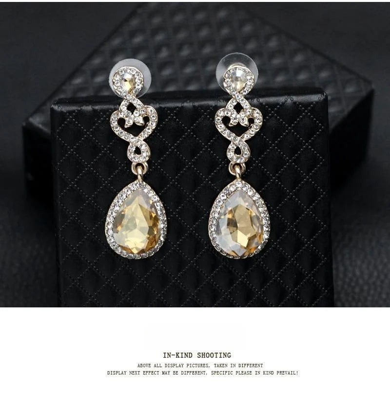 Vintage Crystal Glass Teardrop Dangle Earrings With Rhinestone Heart Charm For Bridal Wedding Party