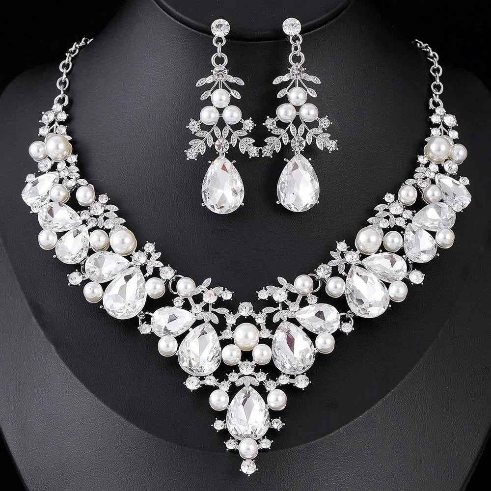 Luxury Rhinestone Crystal Pearl Drop Earrings And Necklace Jewelry Set For Women Wedding Party Banquet Gift