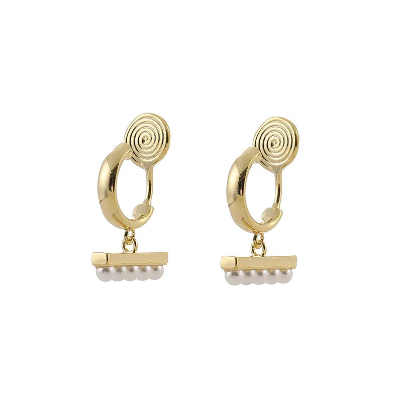 Elegant Gold Alloy Spiral Hoop Bar Pearl Drop Stud & Clip On No Piercing Women's Fashion Earrings