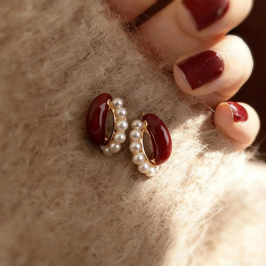 Light Luxury Vintage Burgundy Enamel Pearl Drop Earrings Copper Hepburn Style Jewelry
